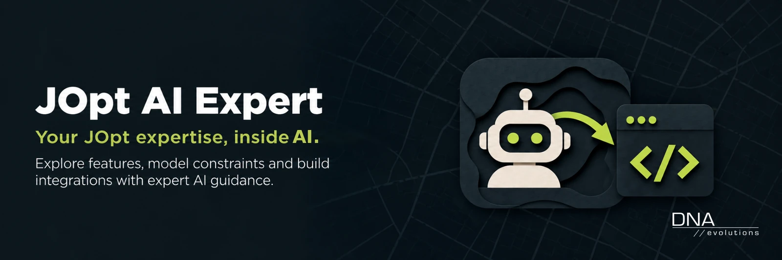 Illustration on a dark street grid: a robot head in a rounded panel sends a lime arrow to a code window with angle brackets