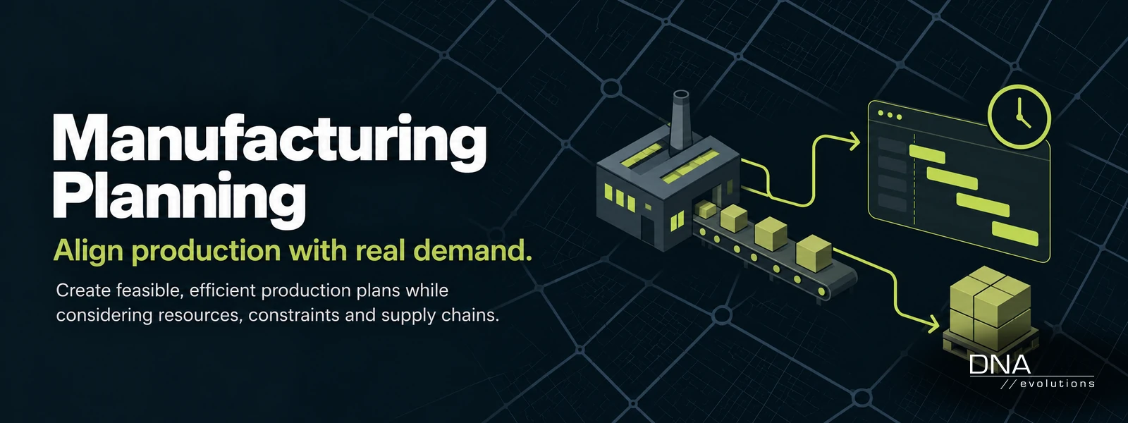 Illustration on a dark street grid: a factory sends boxes along a conveyor belt to a pallet, and a line from the factory leads to a production schedule with time bars and a clock
